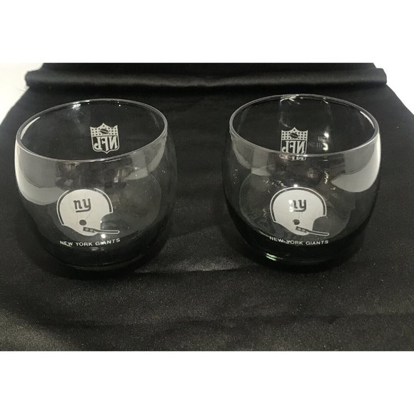 VTG 70’s NY Giants NFL Roly Poly Gray Smoke Fade Drink Bar Glasses SET 2 PC - Picture 1 of 10